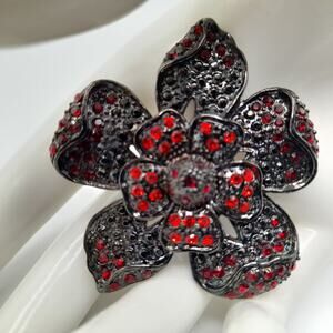 Vintage Red Rhinestone Black Metal Flower Brooch, 2"